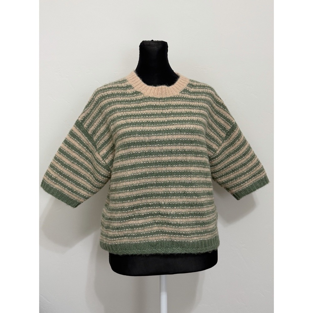 WRAP London Womens Sz 4 Baby Alpaca Merino Striped Sweater Sage Blush Cream